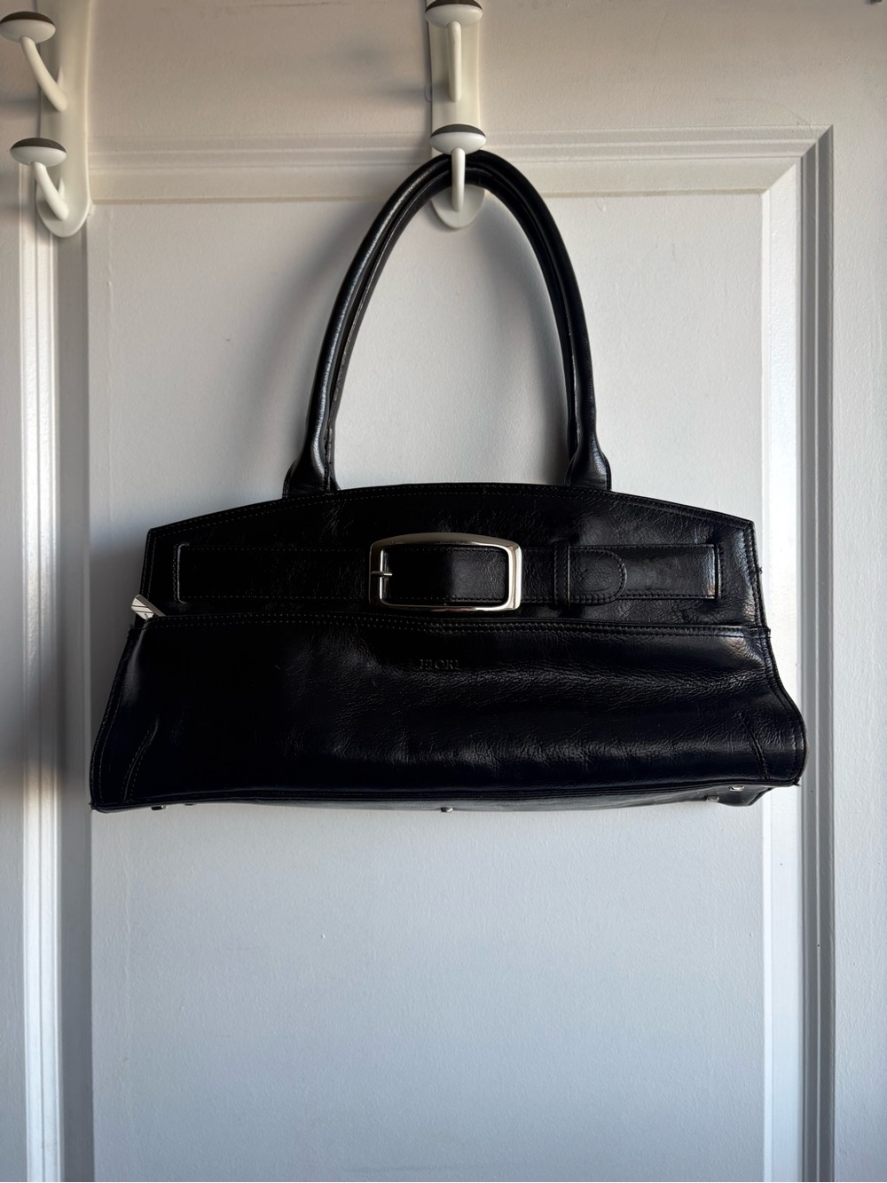Fiori Vintage Black Structured Shoulder Bag Plaid Lining Y2K Tote